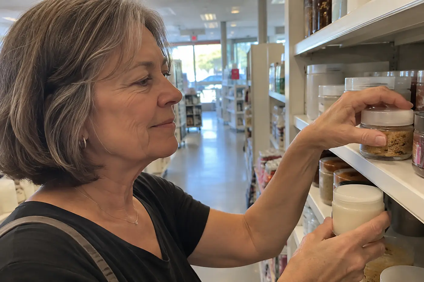 Older woman putting an abrasive scrub back on a drugstore shelf.