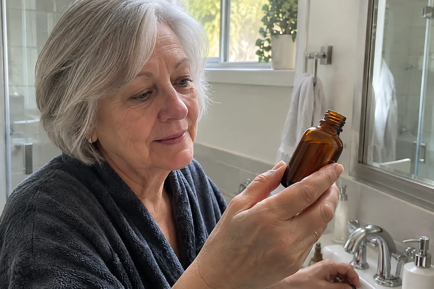 Older woman holding a vitamin C bottle near her bathroom sink.