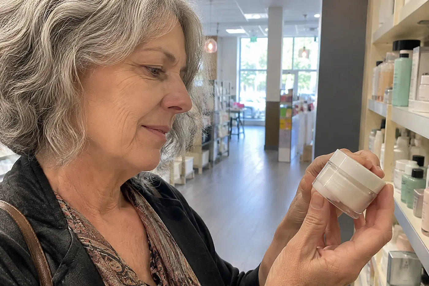 Older woman checking a moisturizer label in a drugstore.