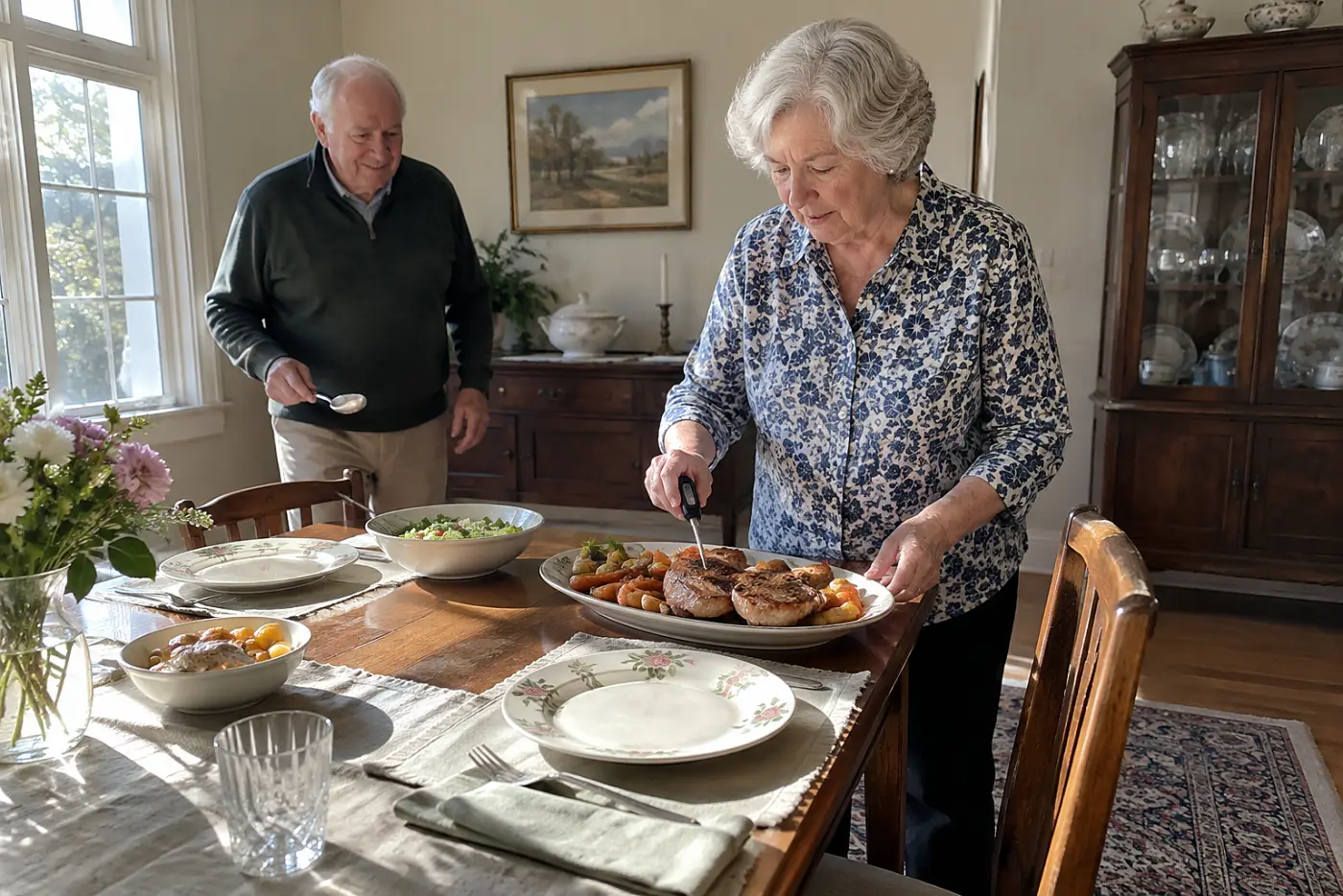 A man spoons cherry glaze over two pork chops on a covered porch.