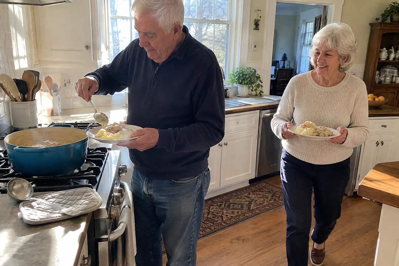 A woman spoons creamy chicken onto mashed potatoes at a dining room sideboard.
