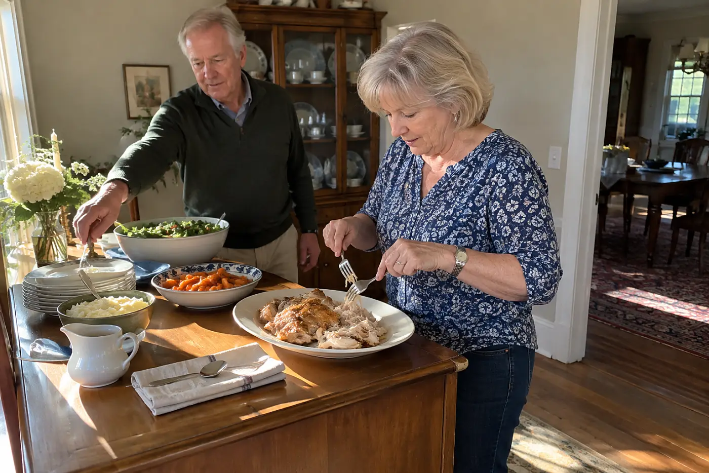 A man shreds chicken over a tray on a screened porch.