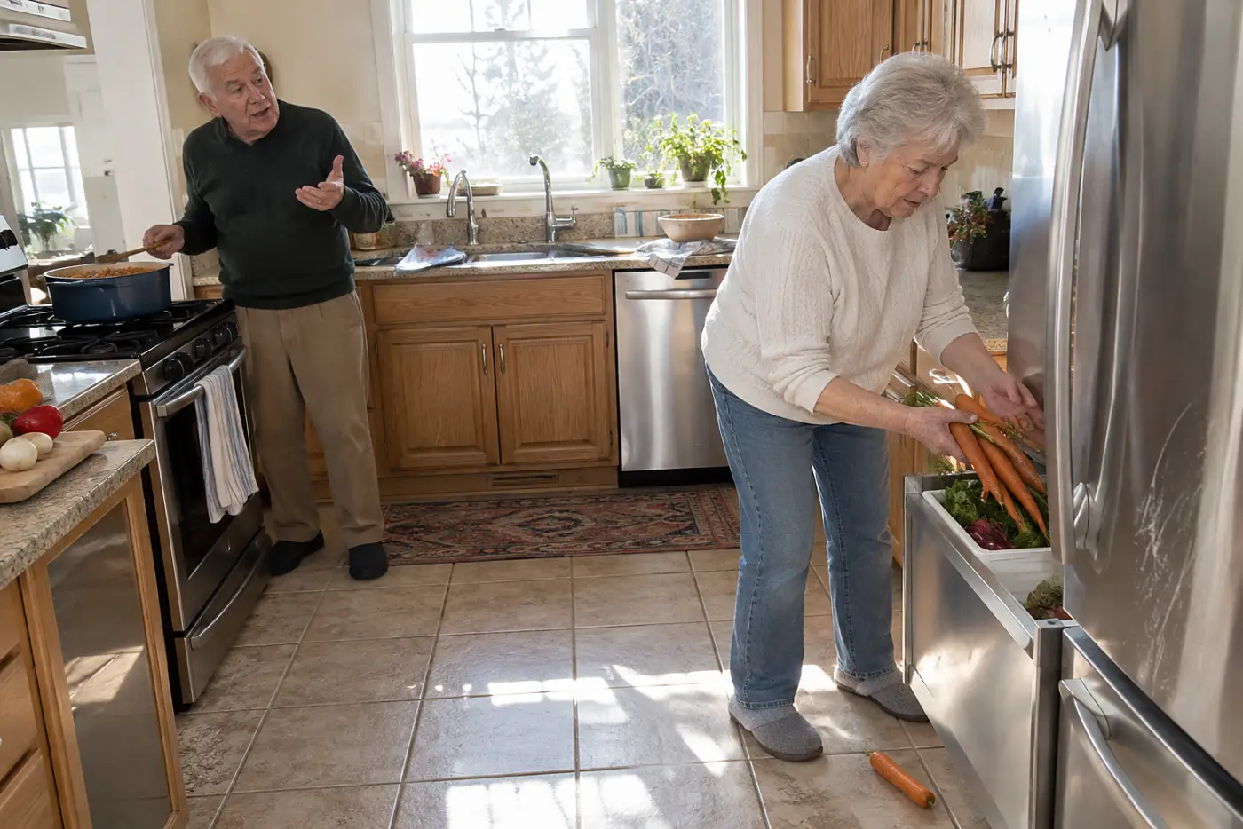 A man ladles beef and vegetable soup beside a living room serving tray.