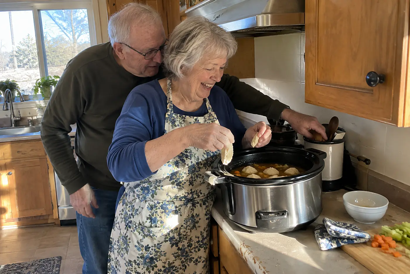 A man lifts the lid from chicken and dumplings in a laundry room kitchenette.