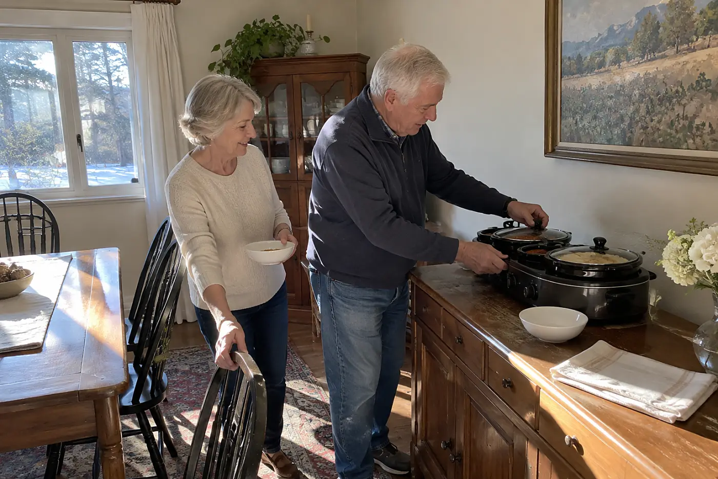 A woman ladles chicken stew into two bowls in a sunroom.