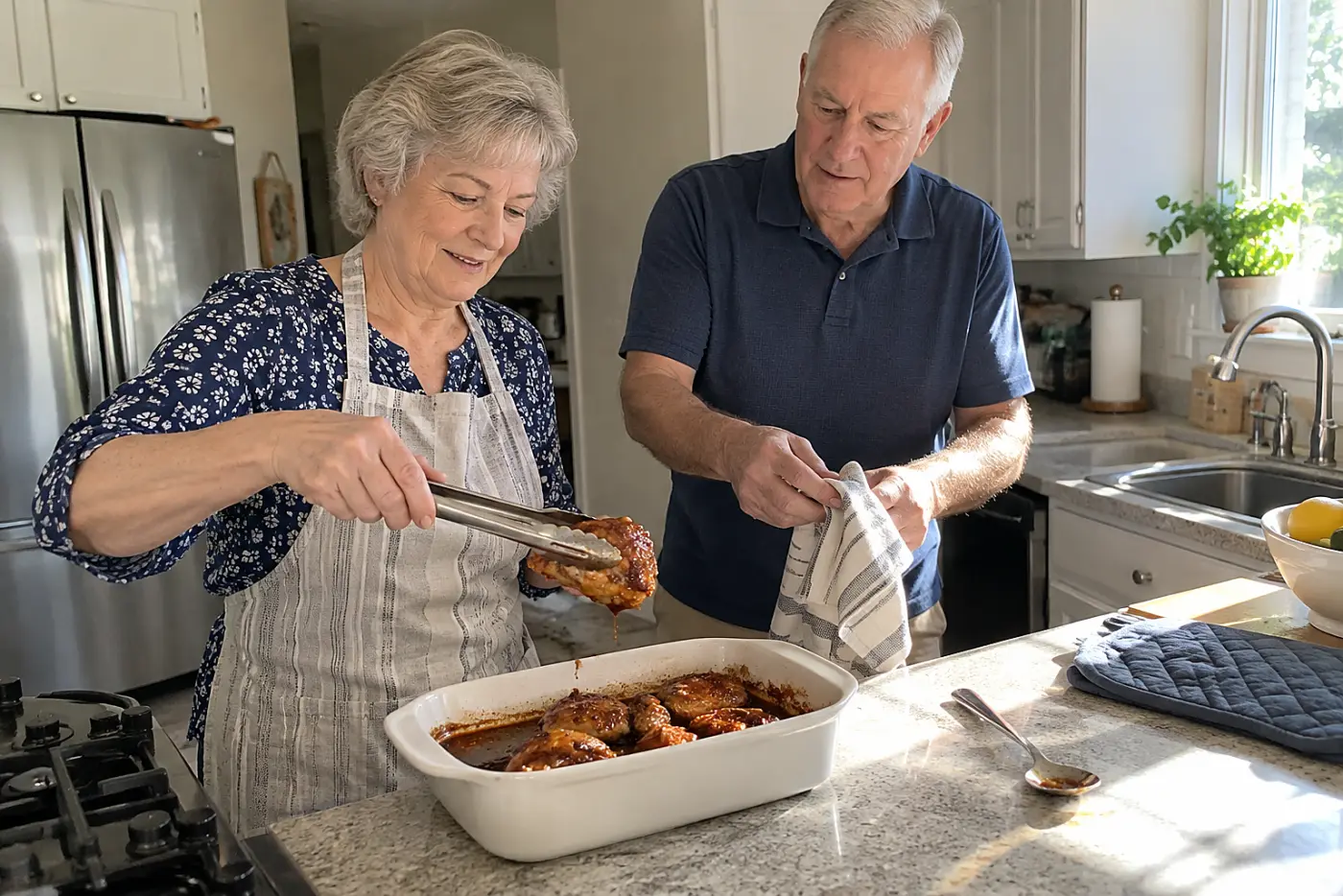 A woman spoons honey garlic chicken over rice on a screened porch.