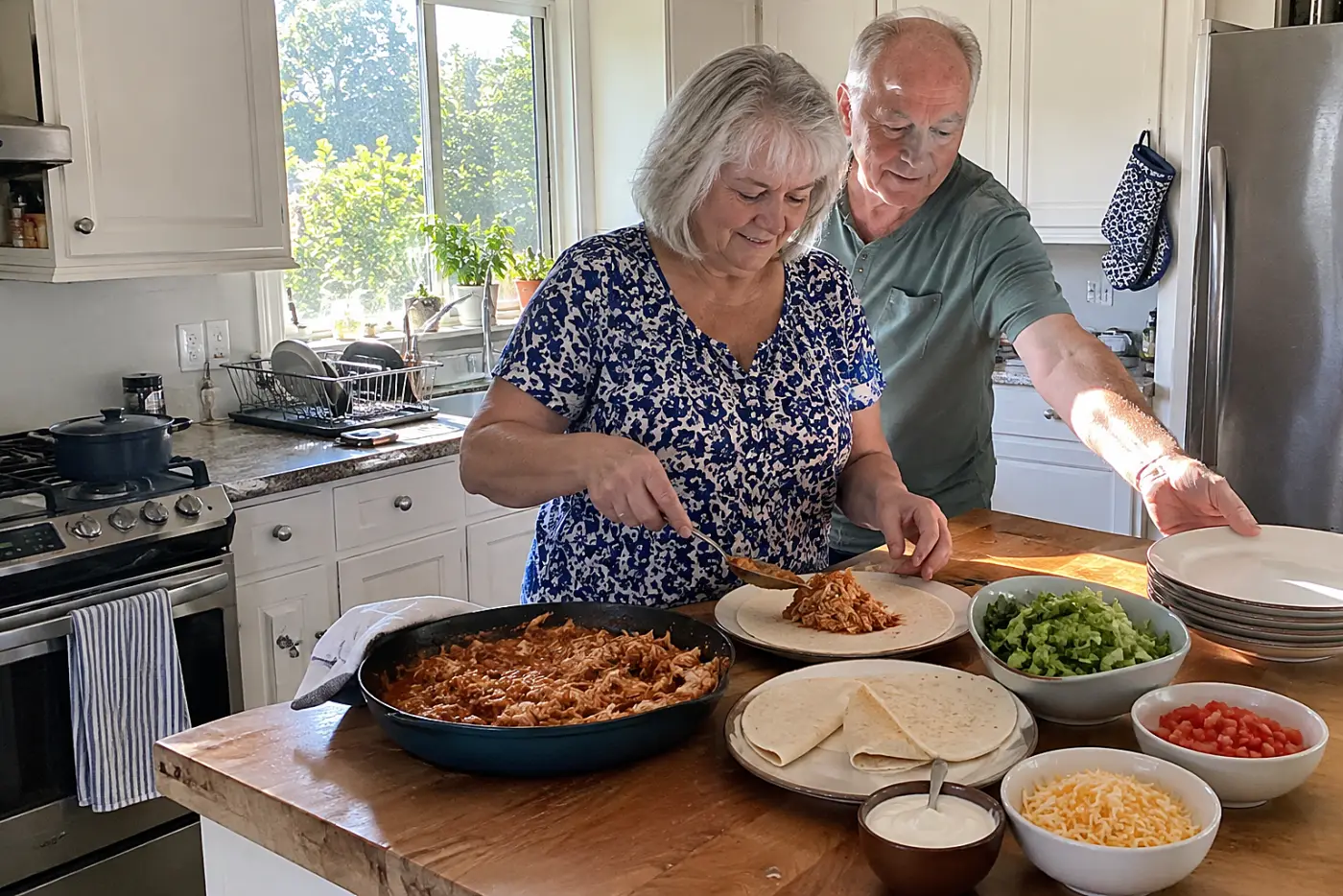 A woman fills two chicken tacos from a slow cooker on a kitchen counter.