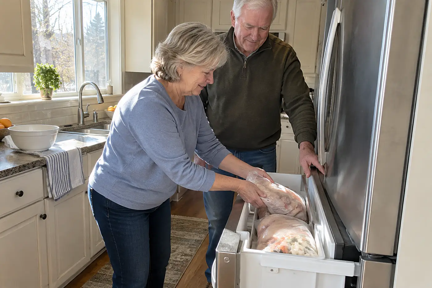 A man places a bag of salsa chicken into a garage freezer.