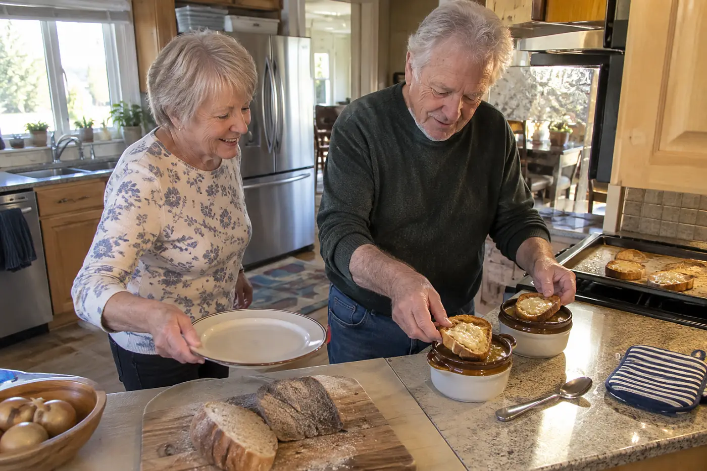 A woman sets two bowls of cheese-topped onion soup on a dining room sideboard.