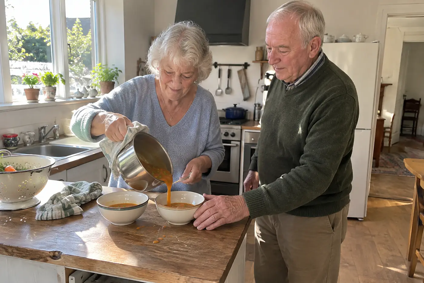 An older woman pours carrot and pea soup from a small saucepan into two bowls on a kitchen counter.