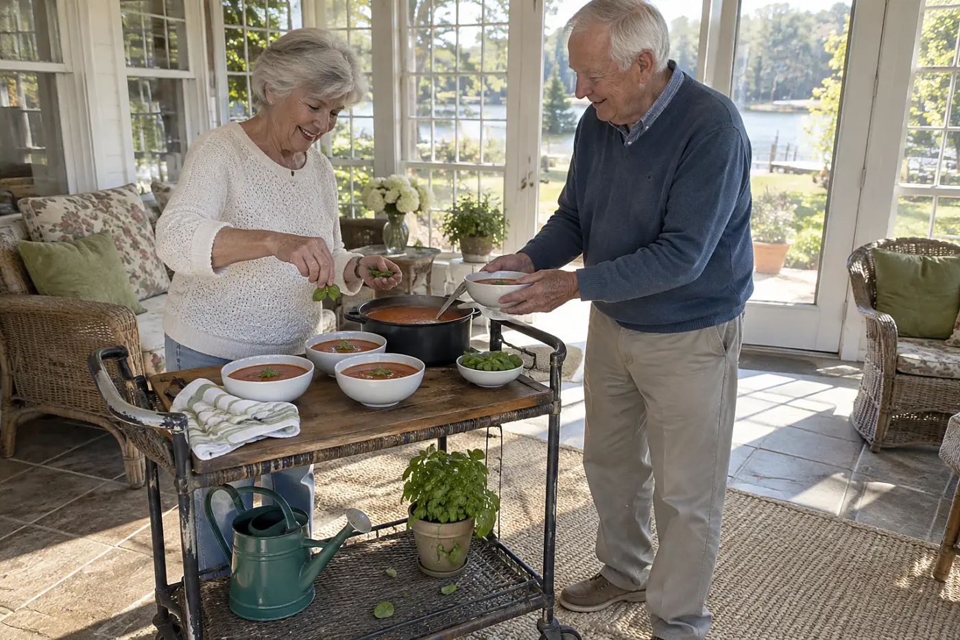 An older woman scatters fresh basil over tomato soup at a sunroom serving cart.