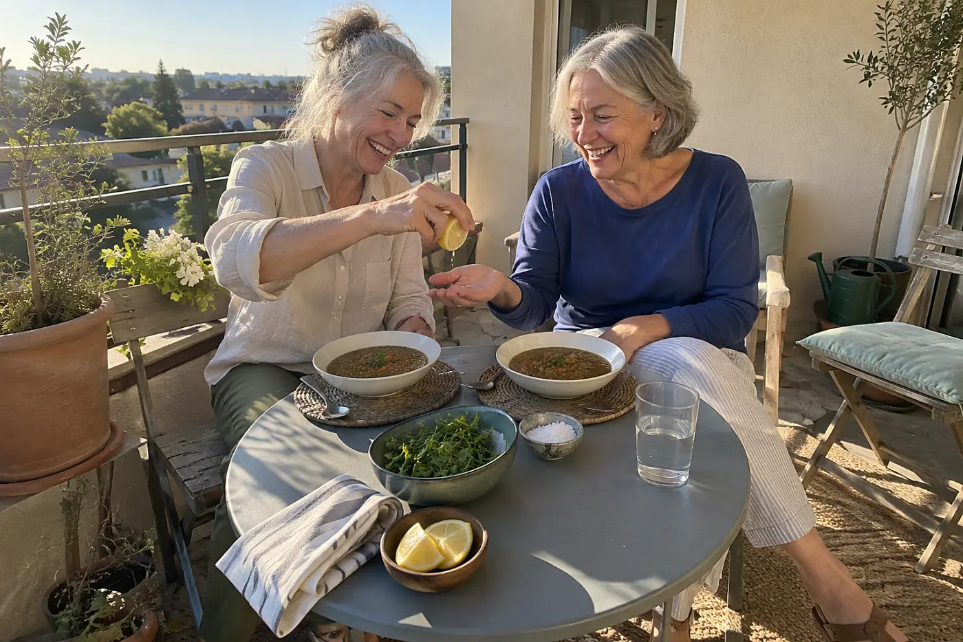 A woman squeezes lemon over two bowls of lentil soup on an apartment balcony.