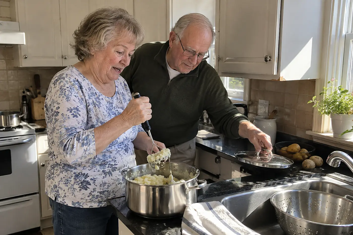 An older woman mashes potatoes in a saucepan at a kitchen counter.