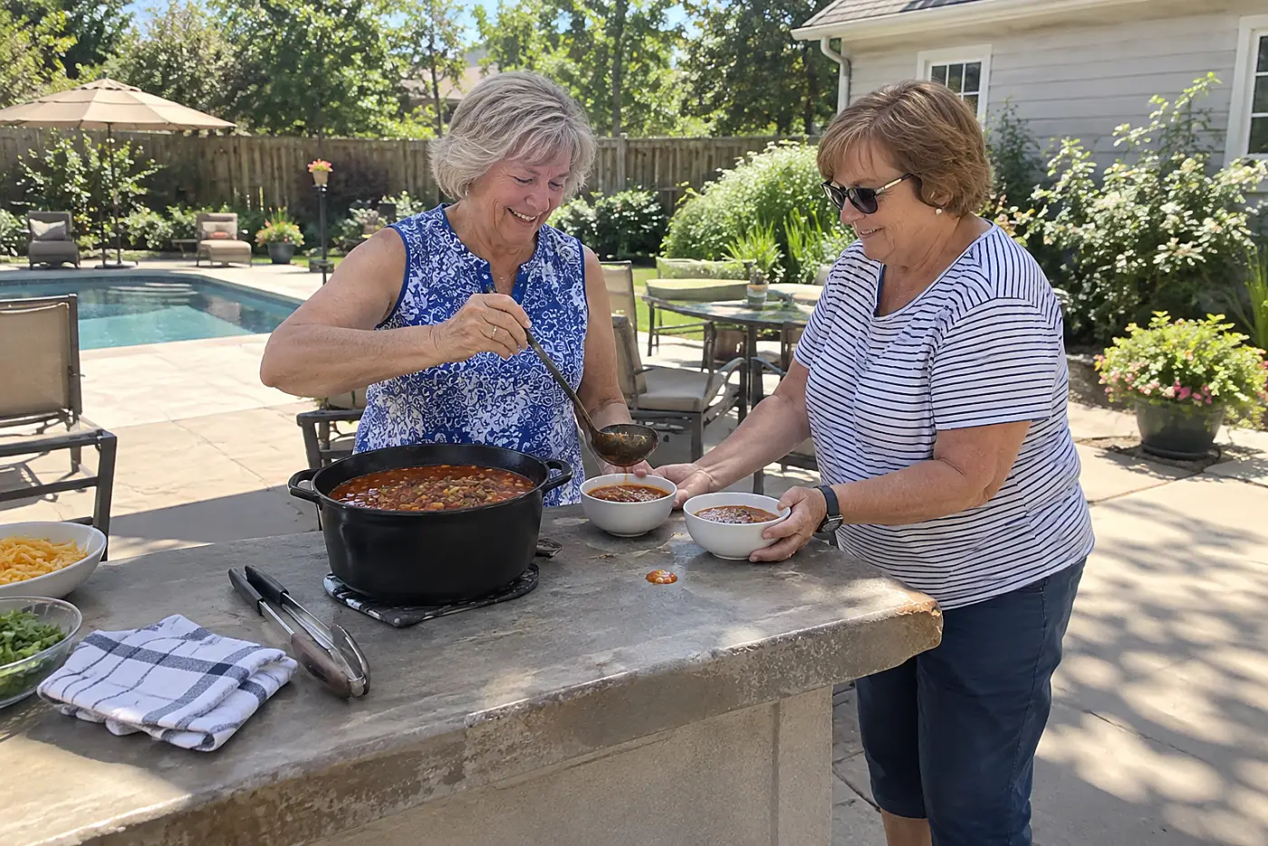 A woman ladles taco soup into two bowls at a backyard picnic counter.