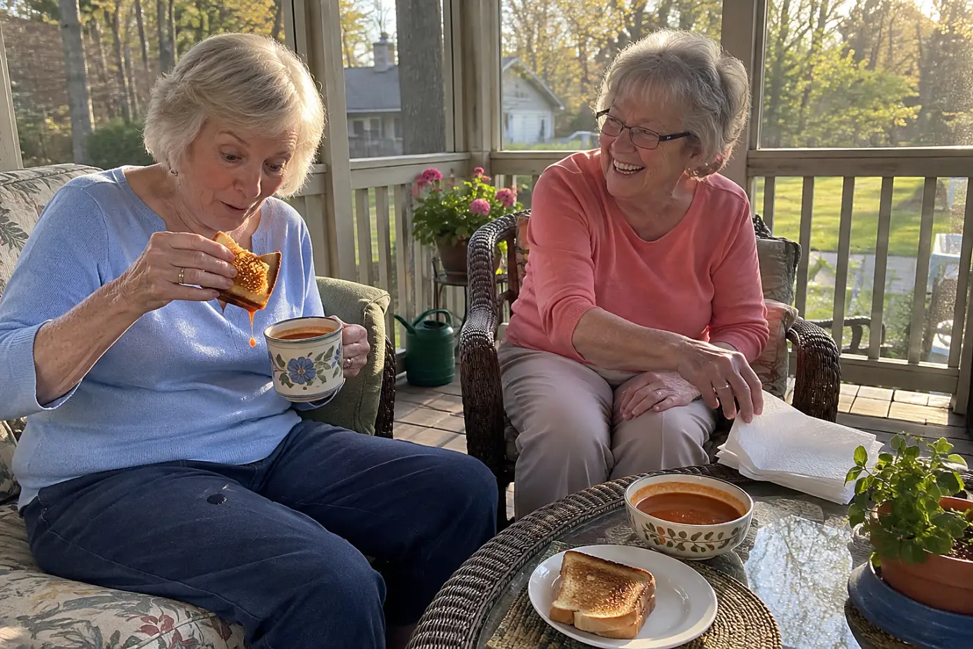 An older woman dips a toasted cheese sandwich into a mug of tomato soup on a screened porch.