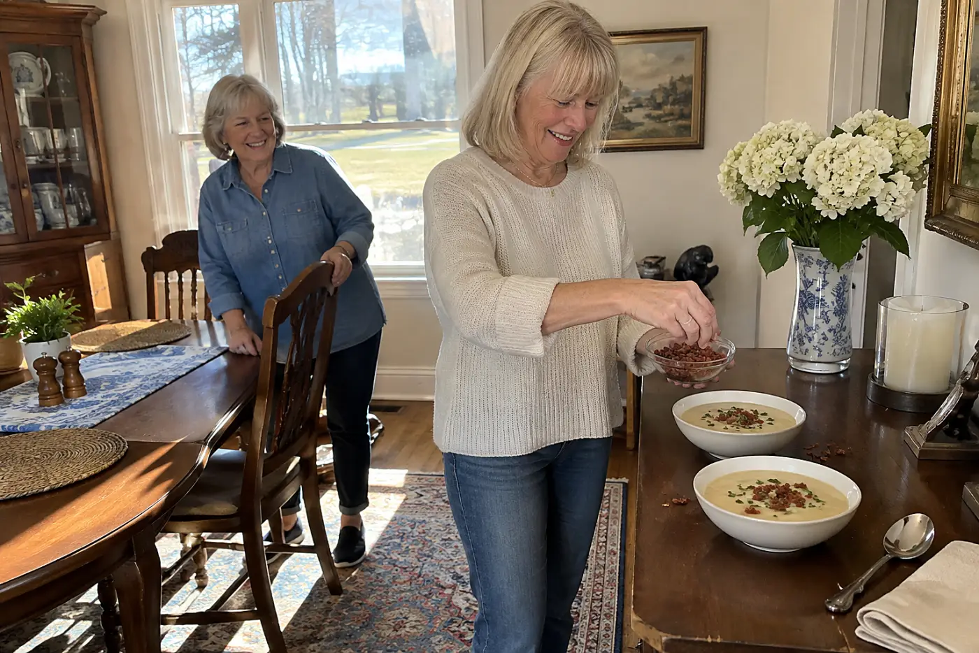 A woman adds crumbled bacon to two bowls of potato soup on a dining room sideboard.