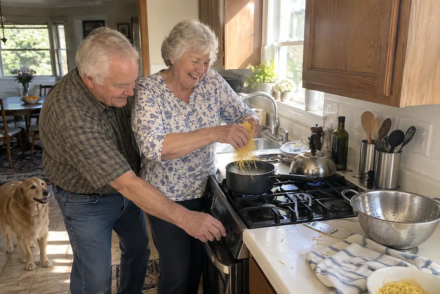 An older woman sprinkles fine egg noodles into a small saucepan on a kitchen stove.