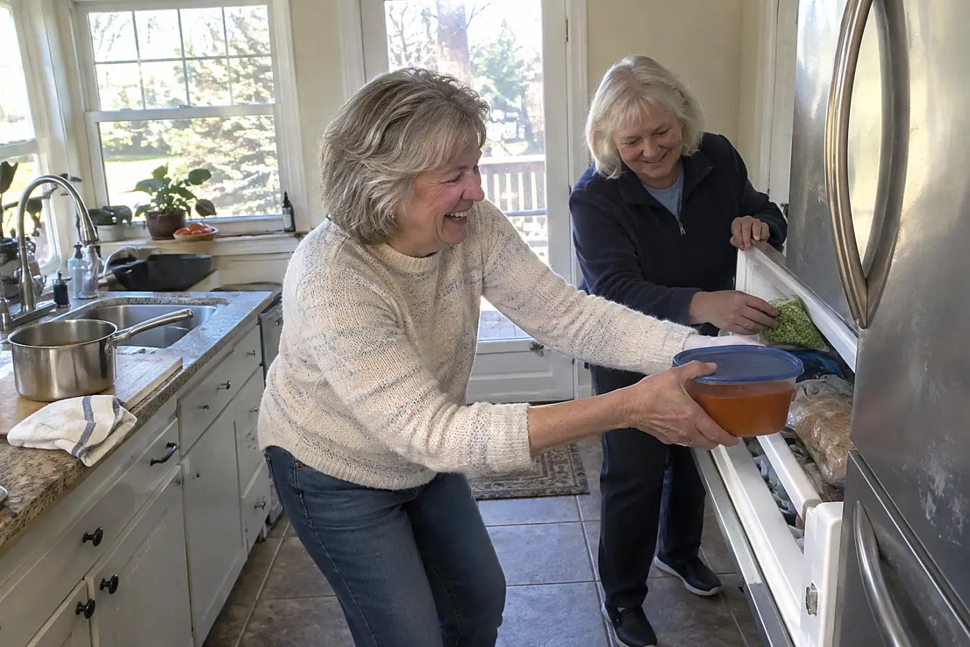A woman sets a cooled container of tomato soup on a freezer shelf.
