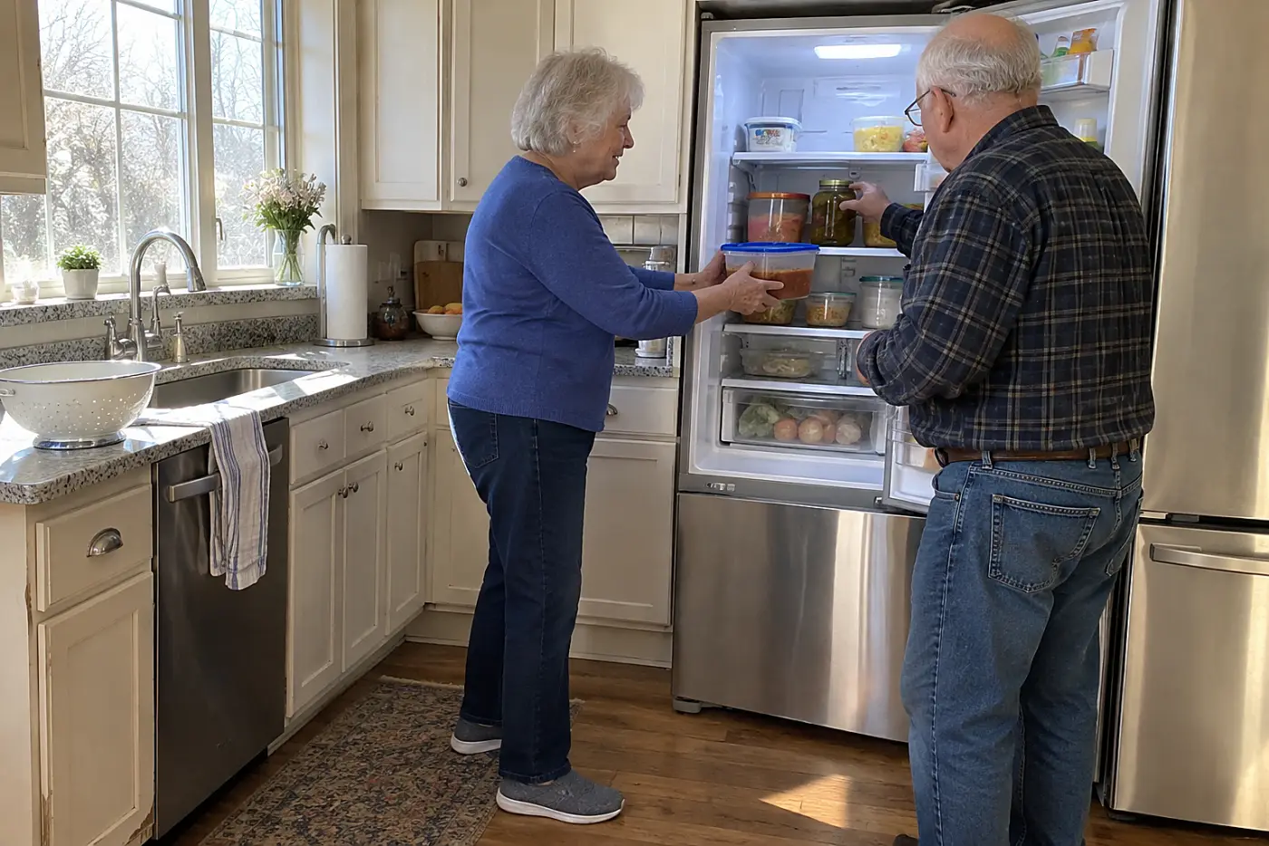 An older woman places a covered container of taco soup on a refrigerator shelf.