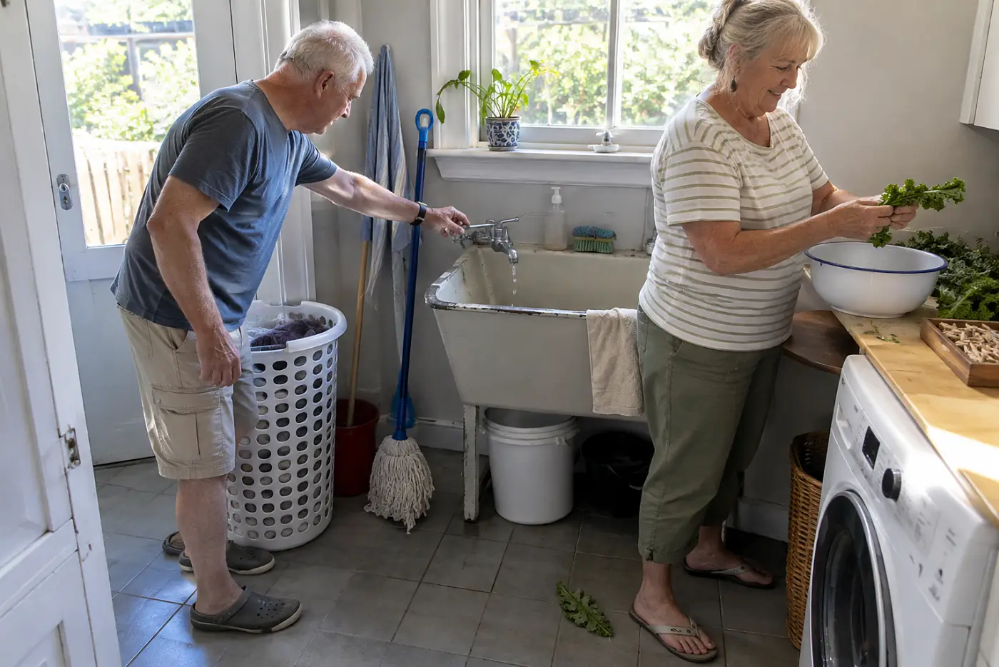 A woman tears kale into a bowl beside the sink in a laundry-room utility area.