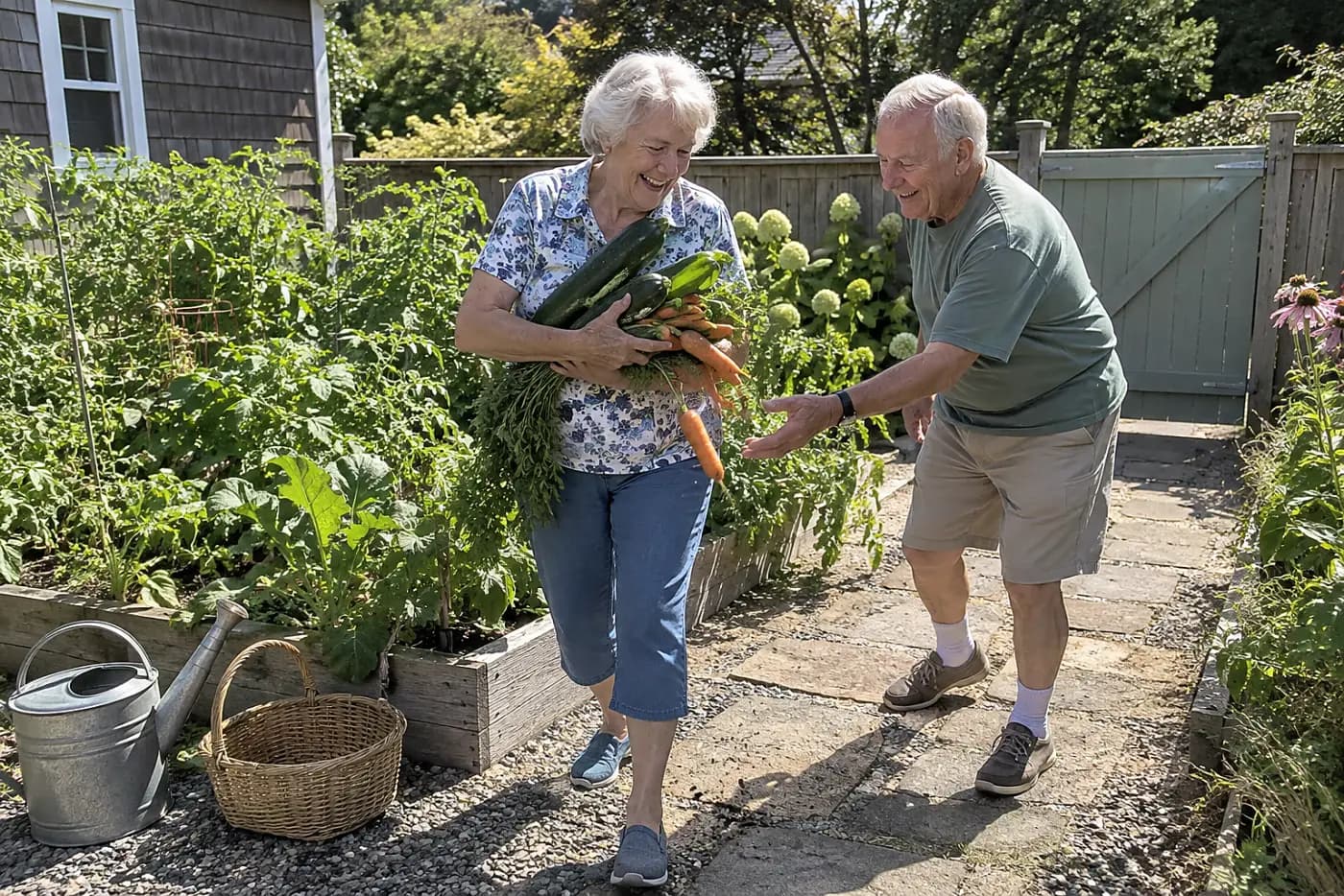 An older woman carries zucchini and carrots from a backyard vegetable bed.