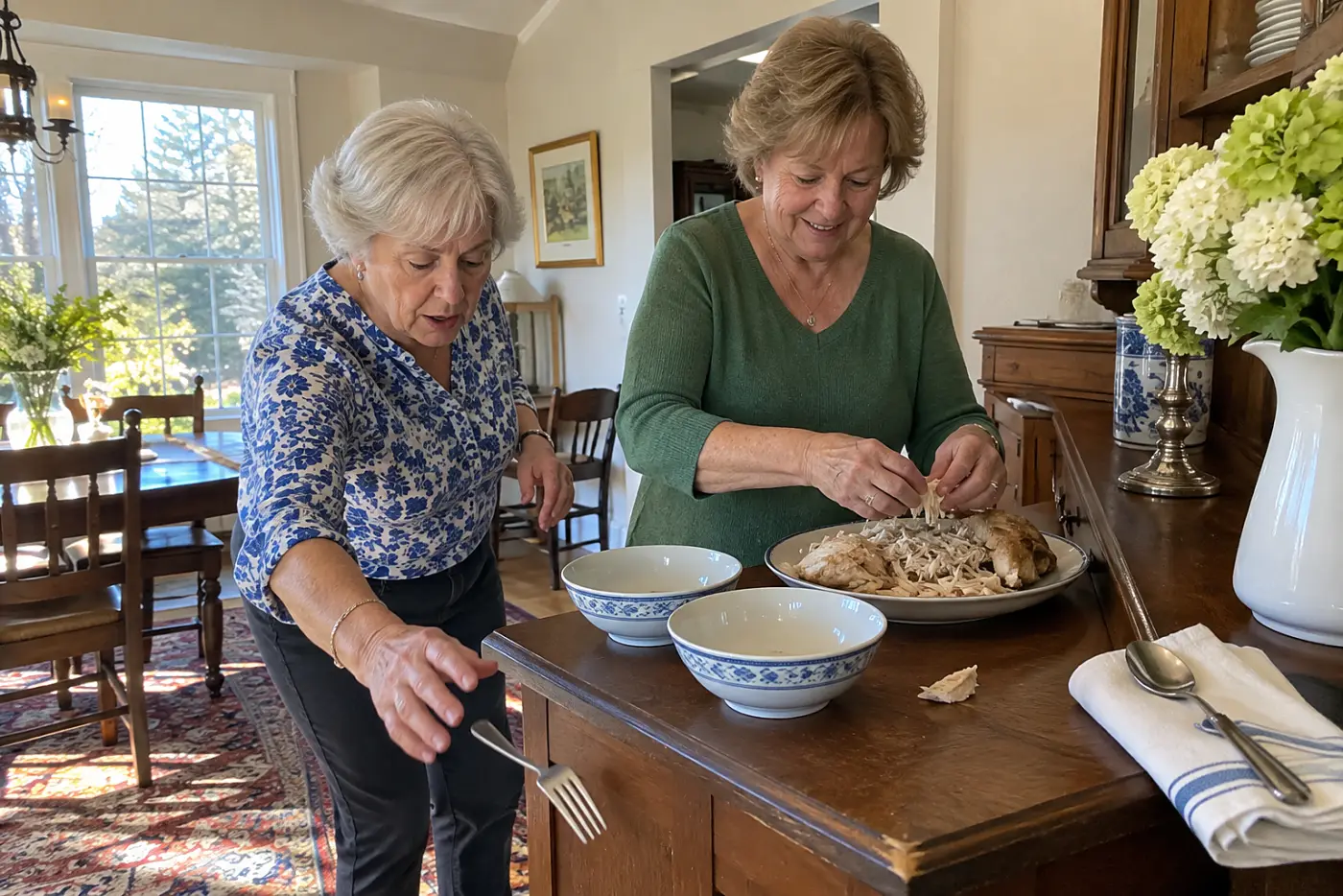 A woman shreds cooked chicken beside two empty soup bowls on a dining room sideboard.