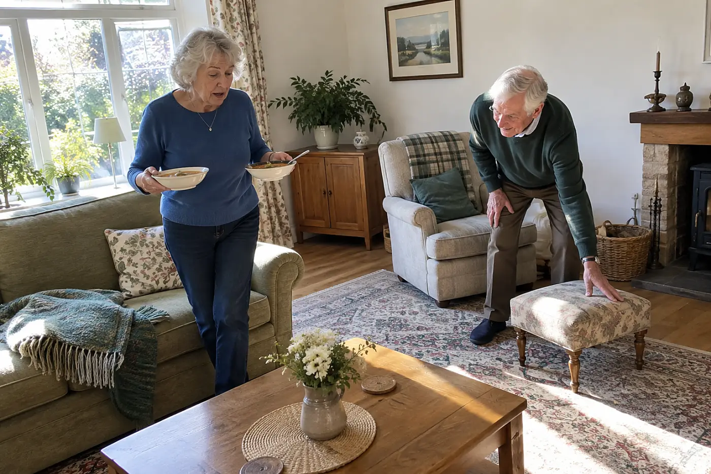 An older woman carries two bowls of chicken and pea soup into a living room.
