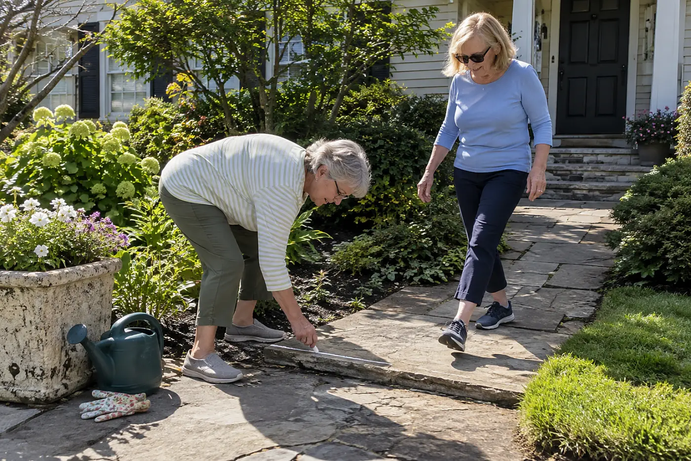 Older woman marking a raised paving edge on her front walk.