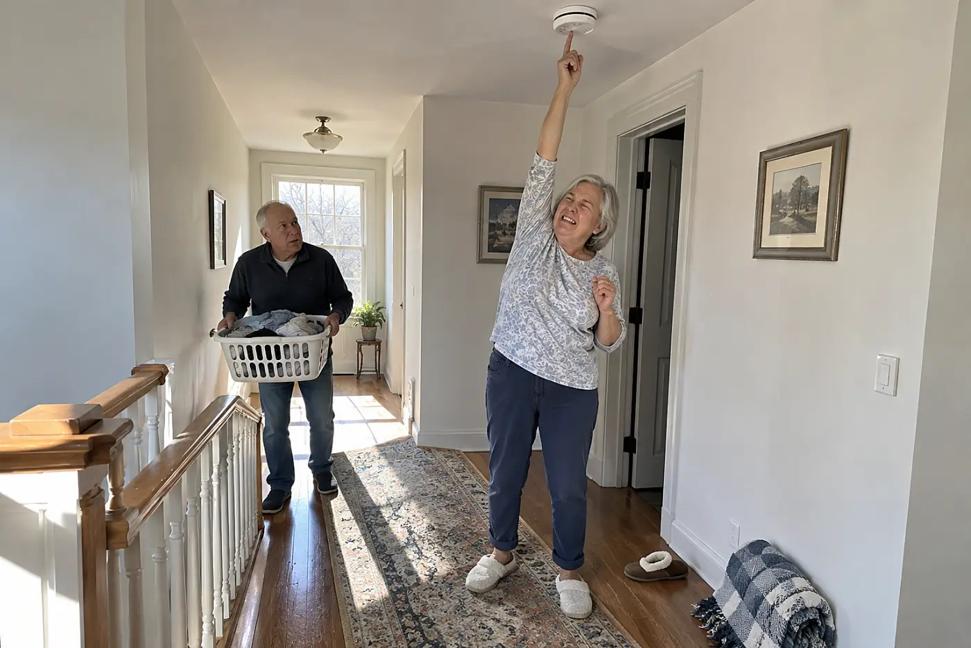 A 67-year-old woman standing in an upstairs hallway and pressing the test button on a ceiling-mounted carbon monoxide alarm.