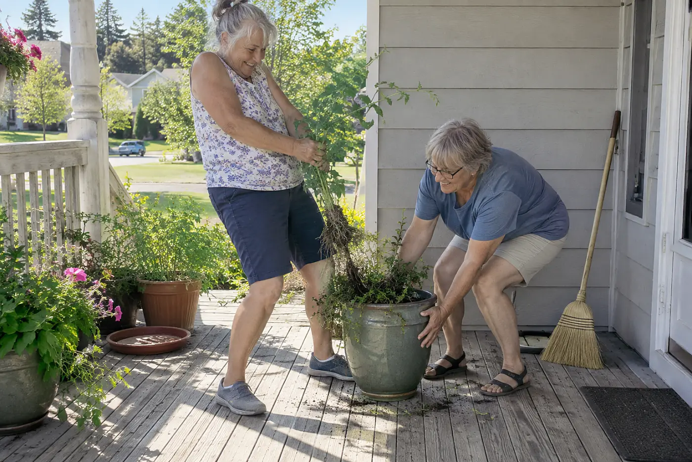 Older woman pulling a weed from a container into a bucket on her porch.