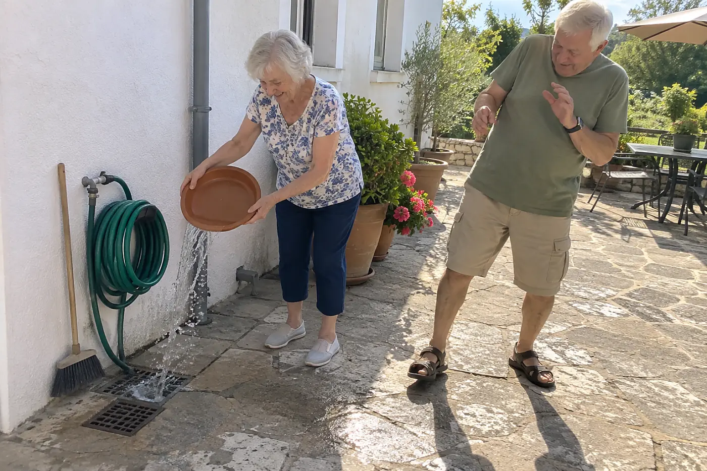 Older woman emptying a plant saucer beside a patio wall.