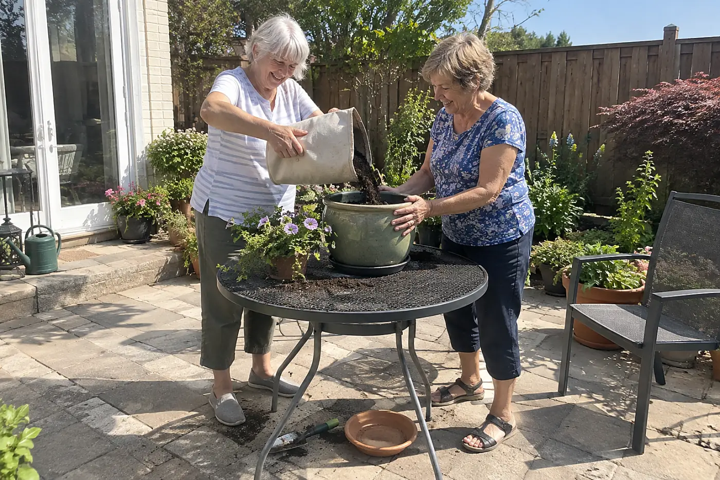 Older woman pouring potting mix from a small bag into a patio container.