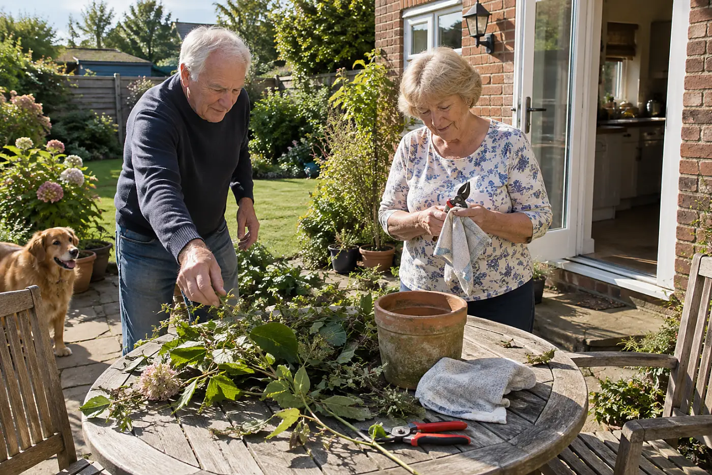 Older woman wiping pruning blades at a table beside her back door.