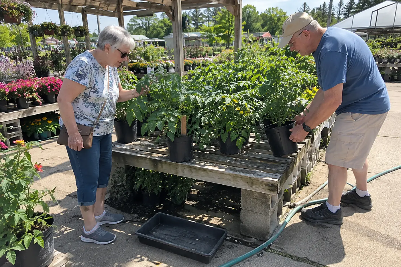 Older woman reading a tomato plant tag at a garden center.