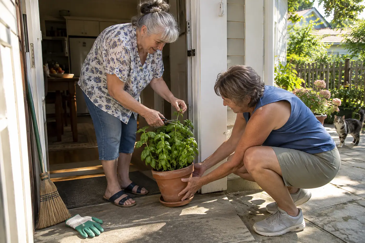 Older woman snipping basil from a pot beside her kitchen door.