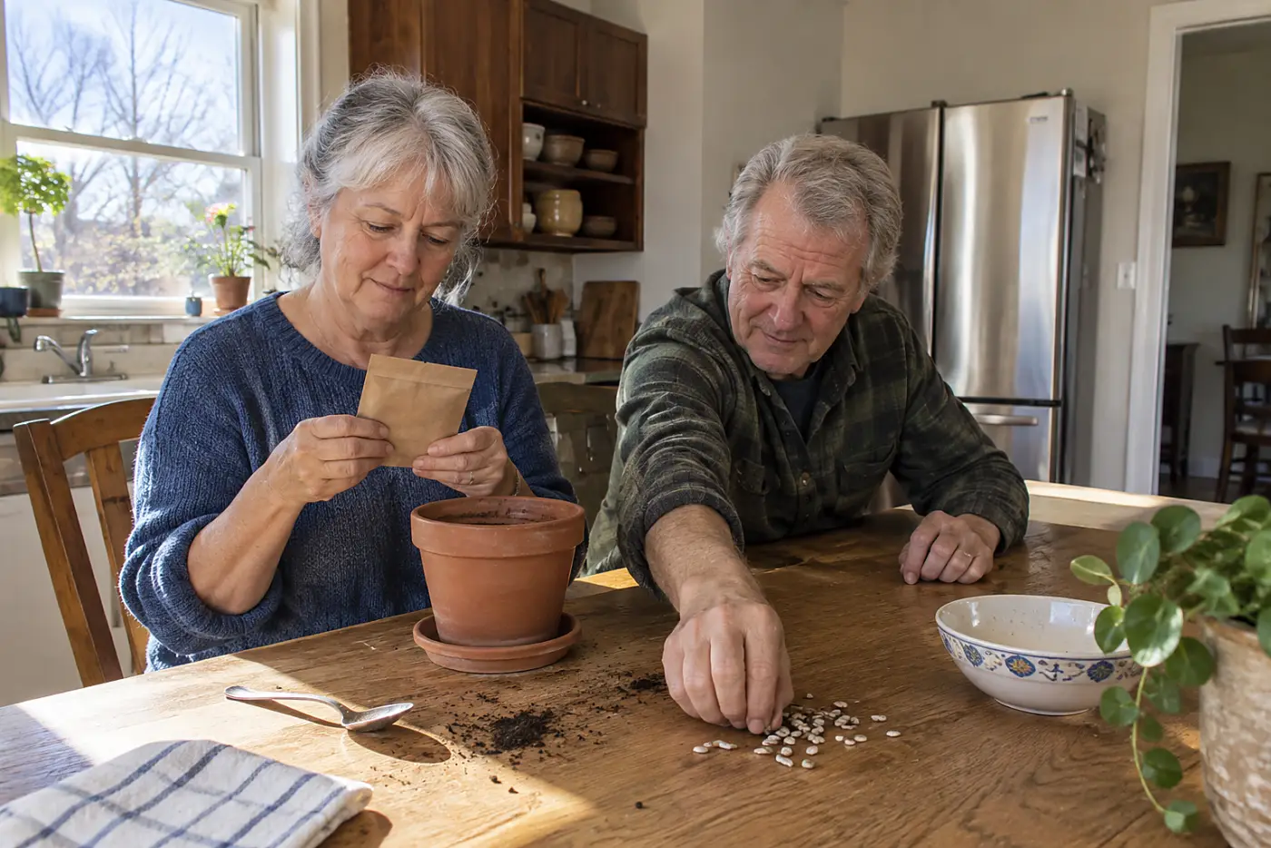 Older woman reading a seed packet at her kitchen table beside an empty pot.