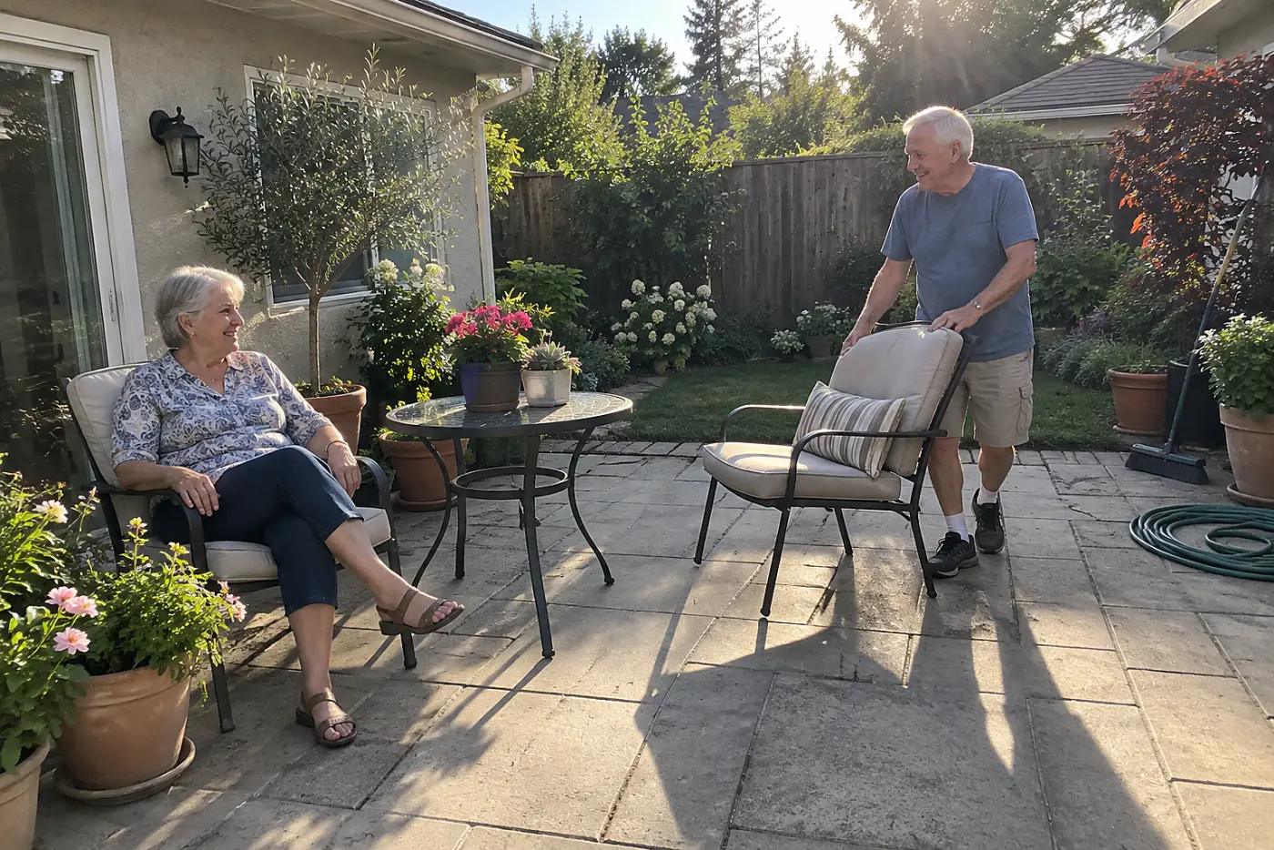 Older woman sitting in a chair beside pots as afternoon shade crosses her patio.