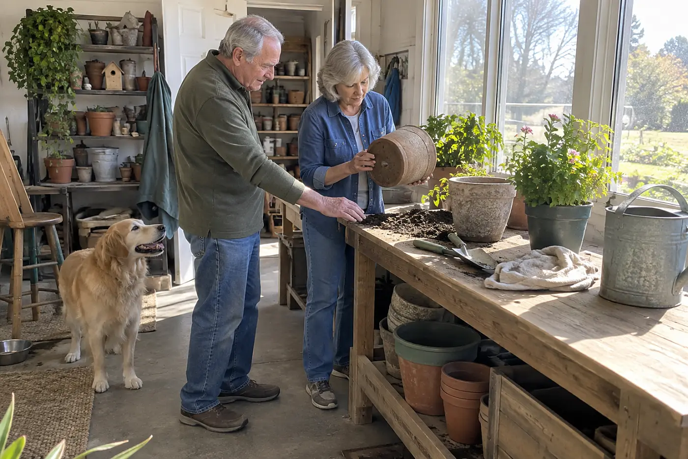 Older woman turning over a planter to inspect its drainage hole at a potting bench.