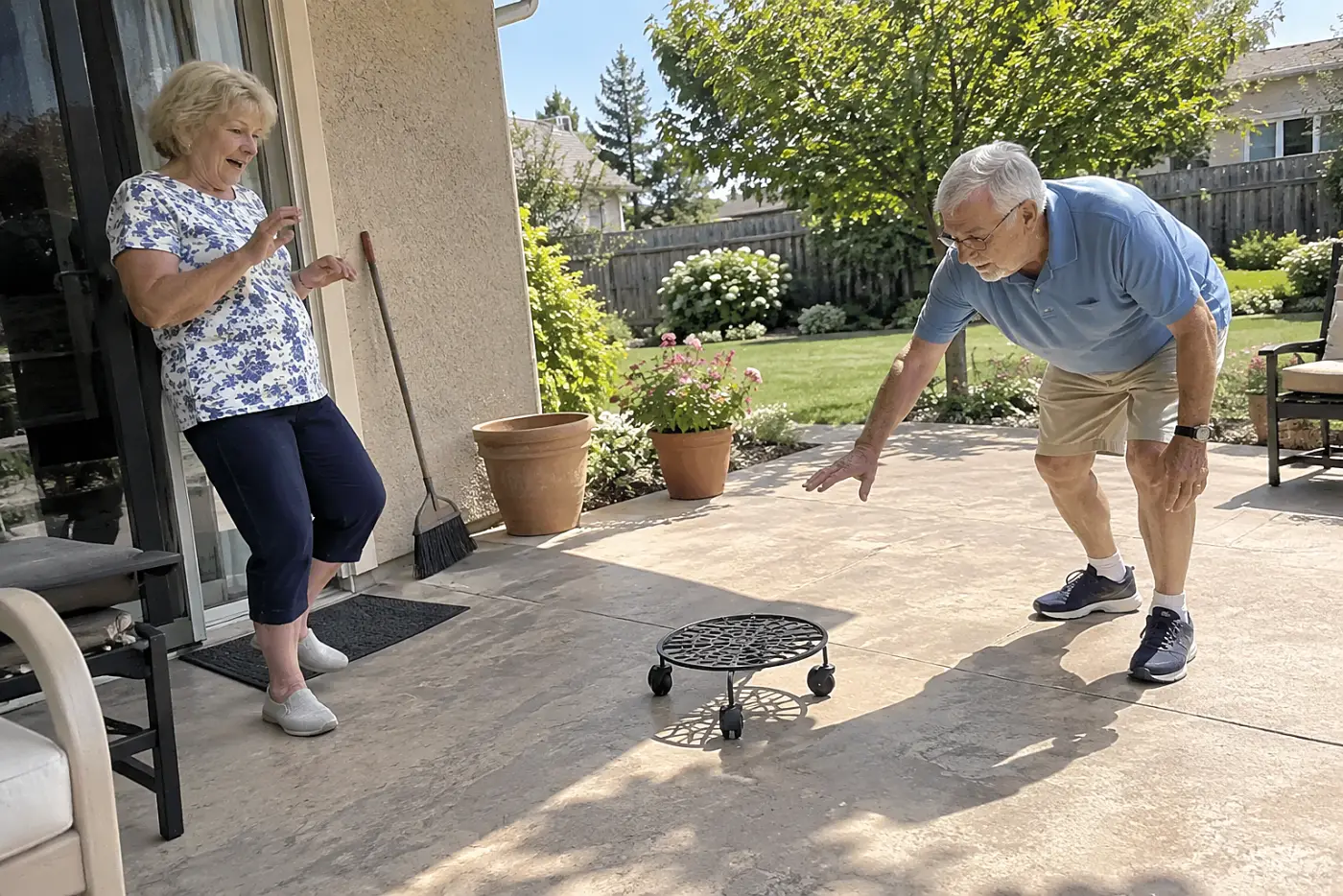 A woman in her seventies testing an empty wheeled plant stand on her patio.