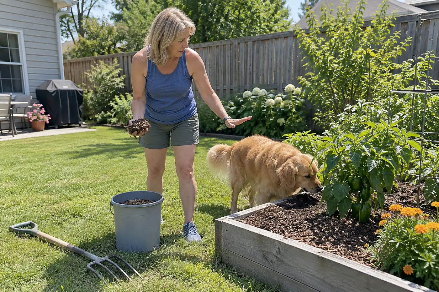 A woman in her fifties spreading mulch around a pepper plant in a small backyard bed.