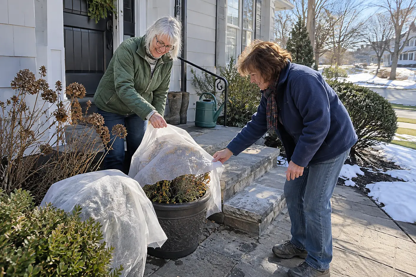 A woman in her sixties securing a frost cover over a flowerpot beside her front steps.