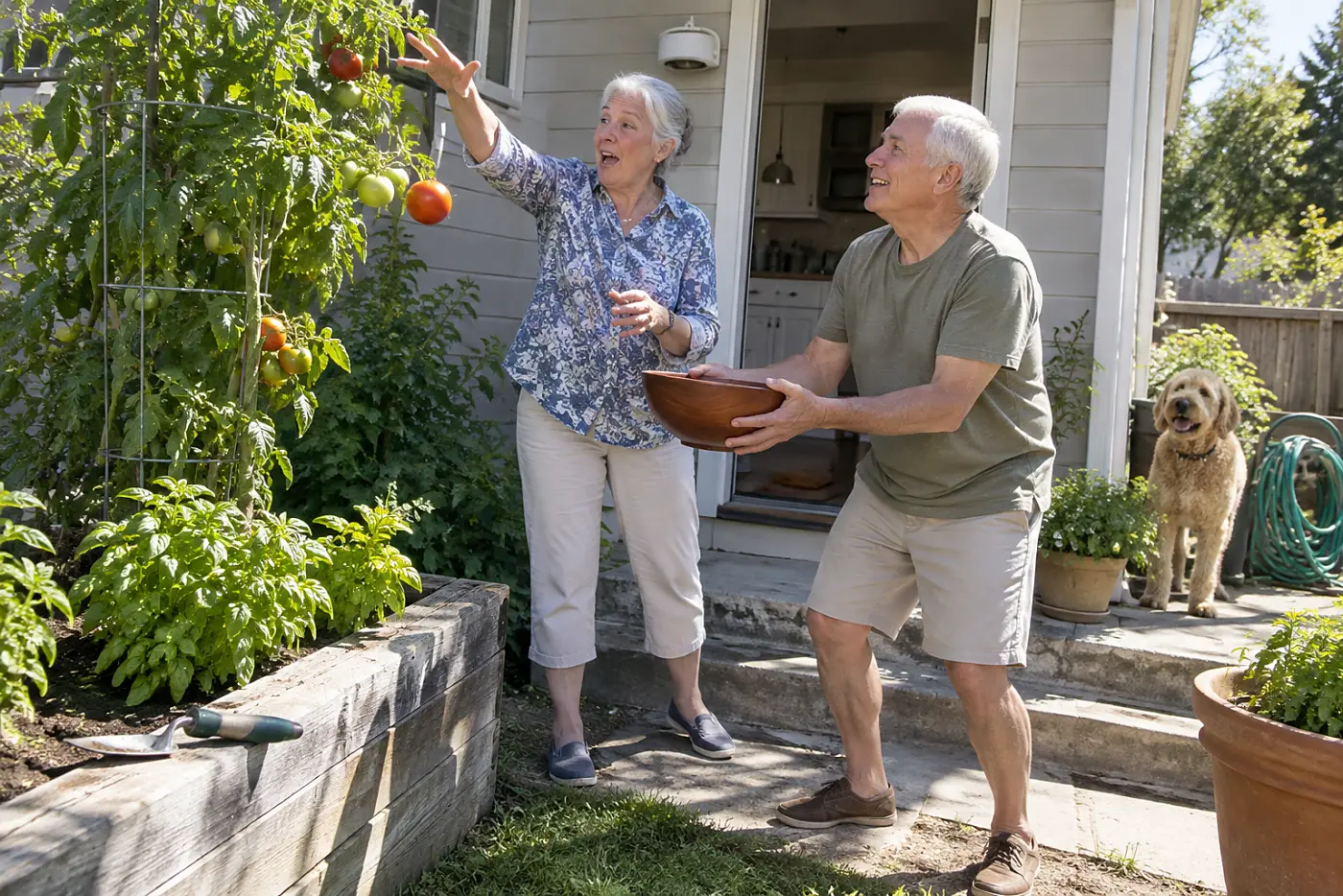 Older woman picking a tomato into a bowl outside her kitchen door.