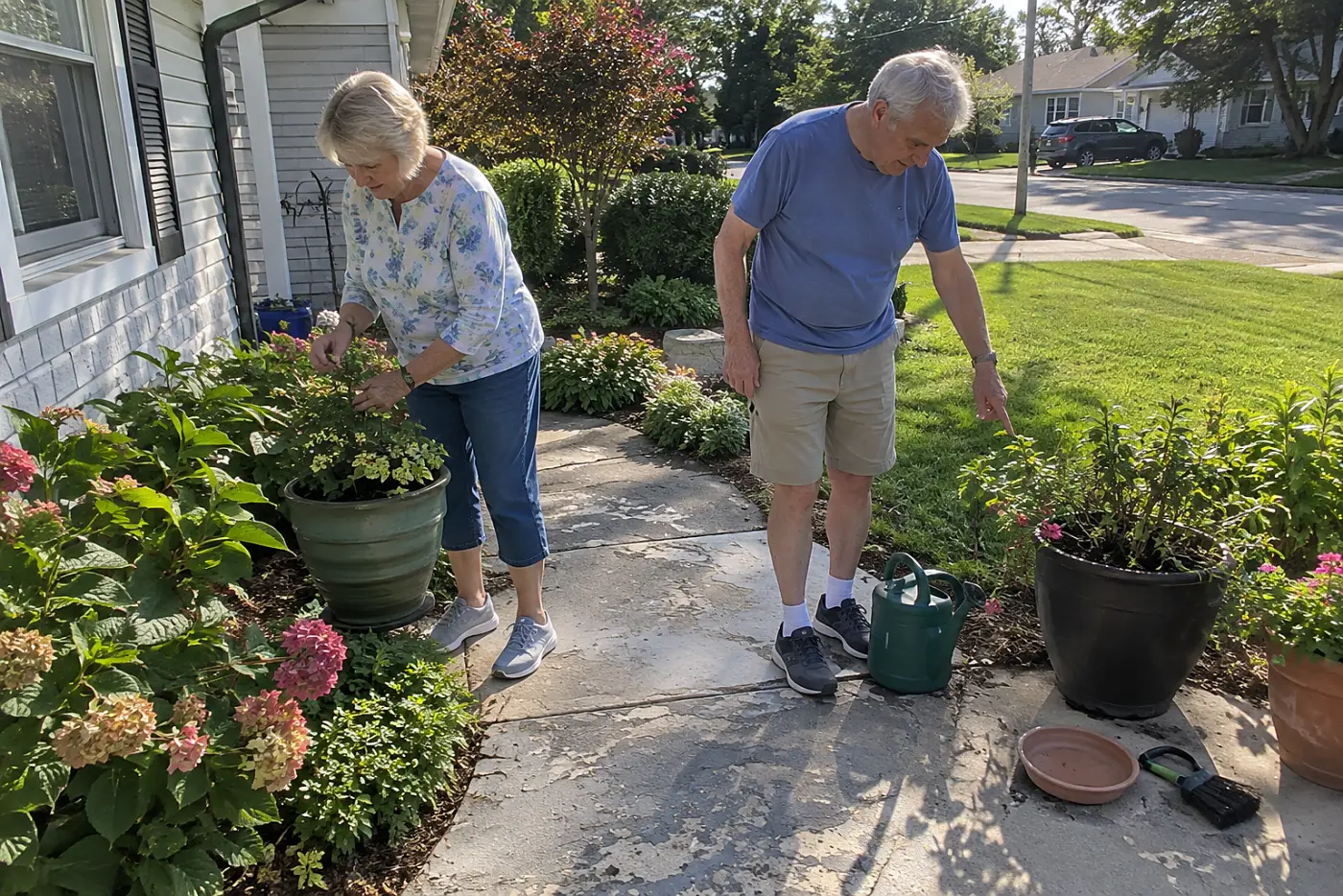 Older woman checking container plants beside her front walk in morning light.