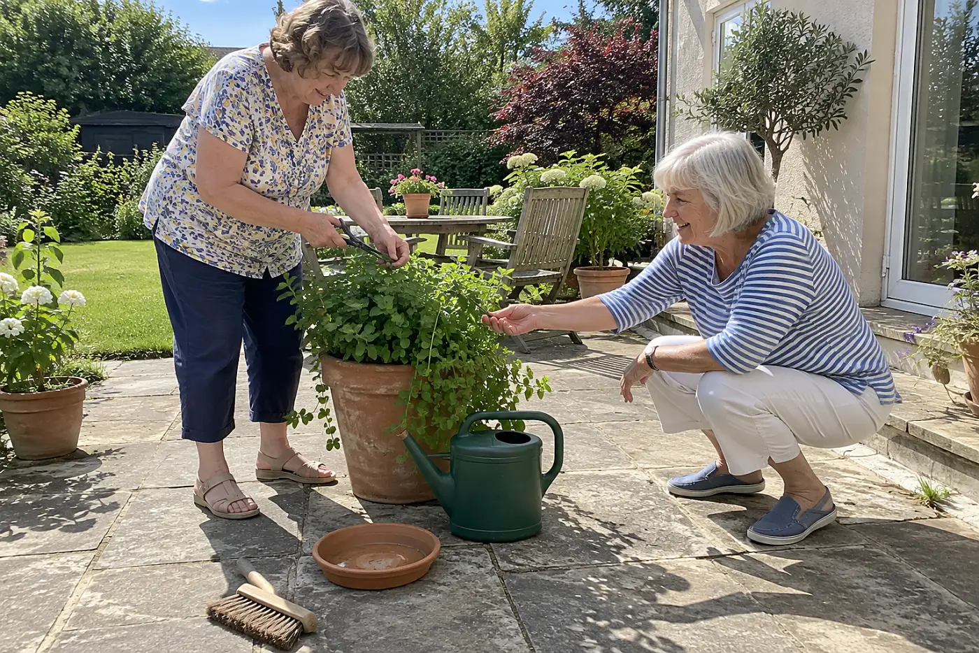 Older woman trimming a mint stem that trails from a patio pot.
