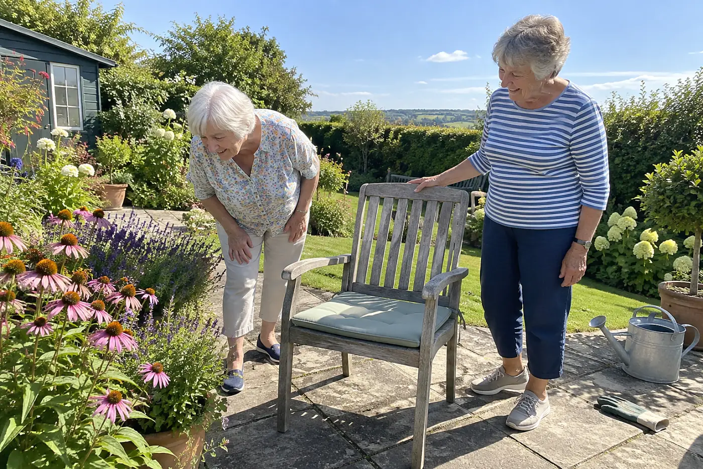 Older woman watching a bee on a flower beside a garden chair.