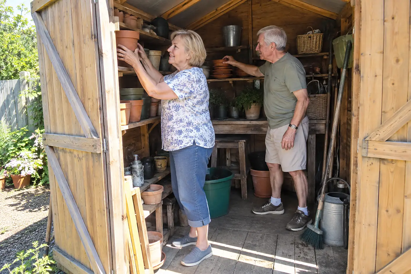 Older woman placing a clean empty pot on a shelf in her garden shed.