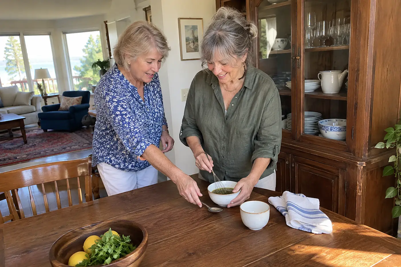 Older woman whisks olive oil and herbs in a small bowl at a dining-room serving cabinet.
