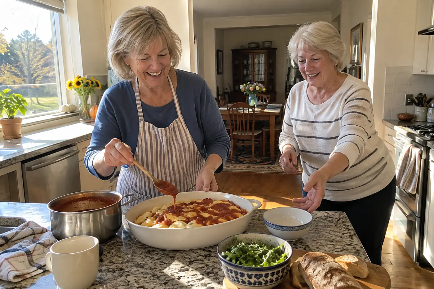 Older woman coats cheese ravioli with tomato sauce at a breakfast-nook counter.