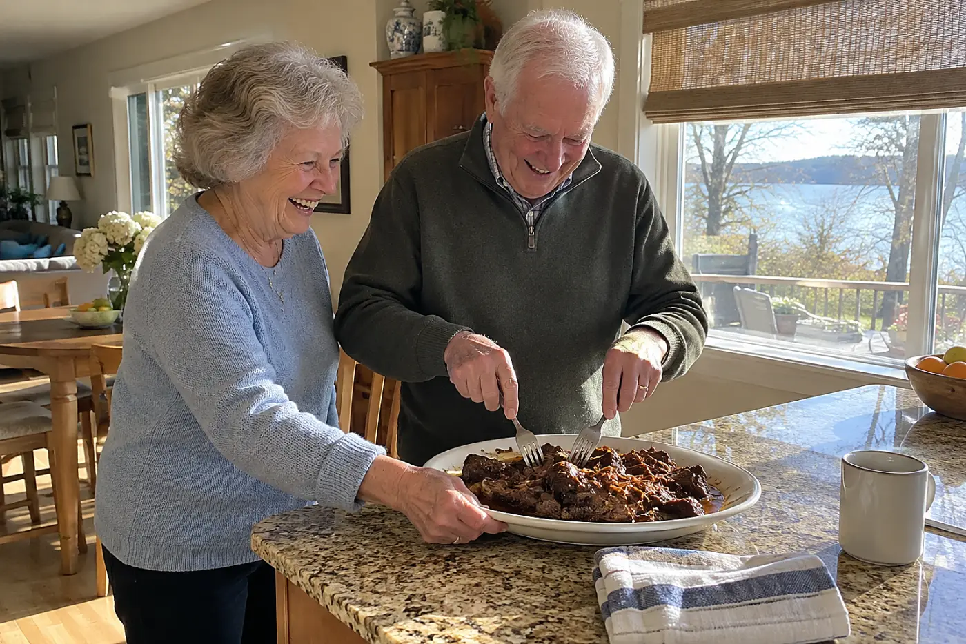 Older man pulls braised beef apart with two forks at a breakfast-nook counter.