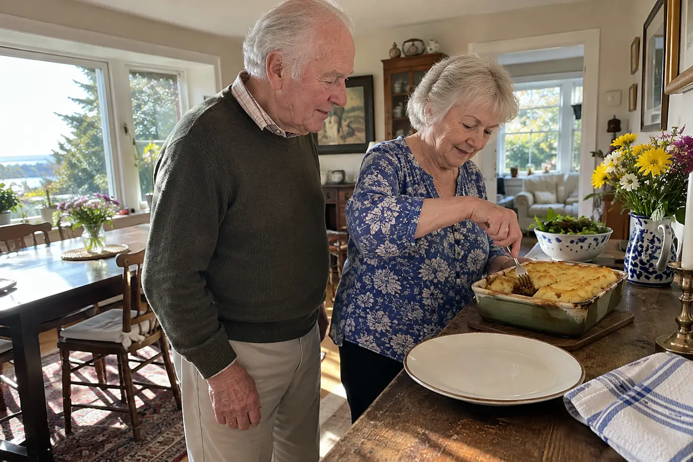 Older woman presses a fork into shepherd’s pie on a dining-room serving shelf.